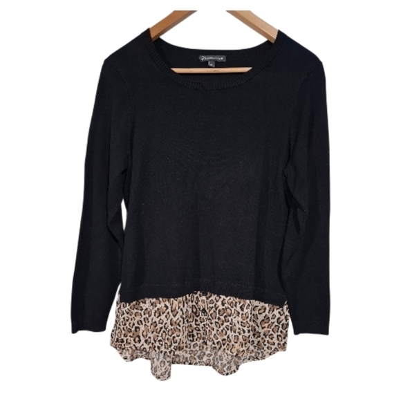 Adrianna Papell Tops - Adrianna Papell Crewneck Twofer Sweater Leopard Mixed Media Sz L Preppy Carrier